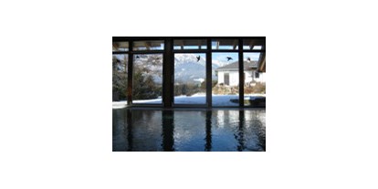 Hundehotel - Bergwanderungen - Sicht aus dem Schwimmbad durch das Panoramafenster auf die schneebedeckten Berge - Moser Ferienhäuser