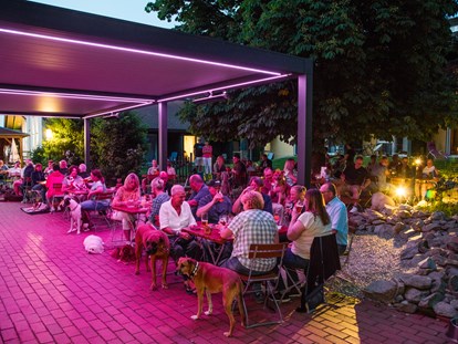 Hundehotel - Trink-/Fressnapf: vor dem Haus - Neukirchen vorm Wald - Abendstimmung auf der Terrasse - Seehotel Moldan
